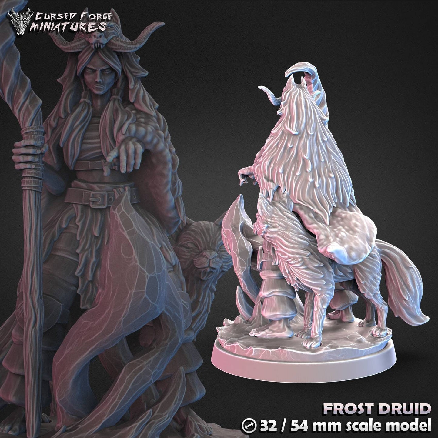 Frost Druid and Arctic fox(cursed forge miniatures) - unpainted - D&D - Tabletop - RPG - fantasy - miniature