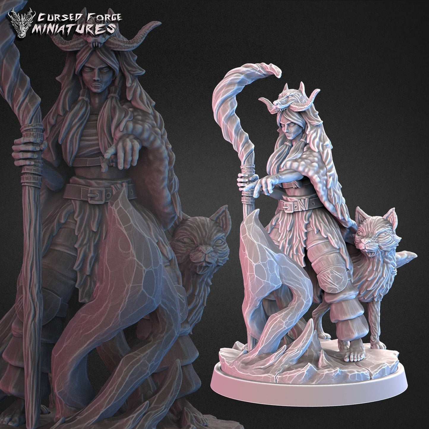 Frost Druid and Arctic fox(cursed forge miniatures) - unpainted - D&D - Tabletop - RPG - fantasy - miniature
