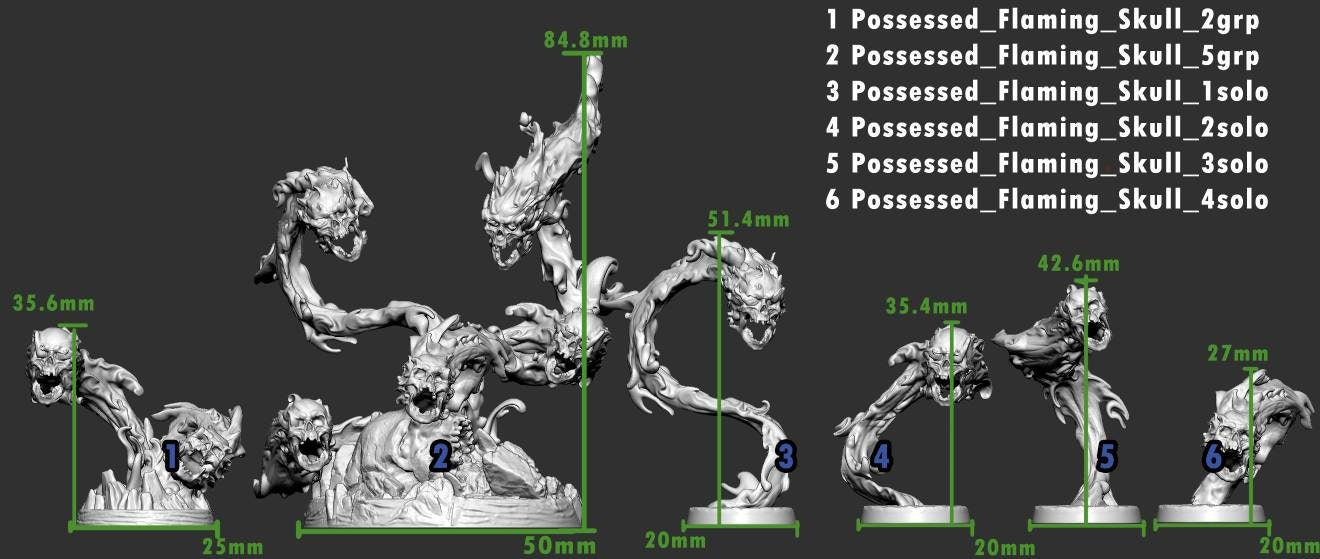 Possessed Flaming Skulls - mini monster mayhem - 32mm - 3d printed - miniatures