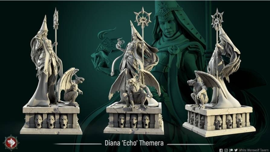 Diana 'Echo' Themera diorama - 75mm - 32mm - scale - D&D - tabletop - rpg - fantasy - miniature - white werewolf tavern